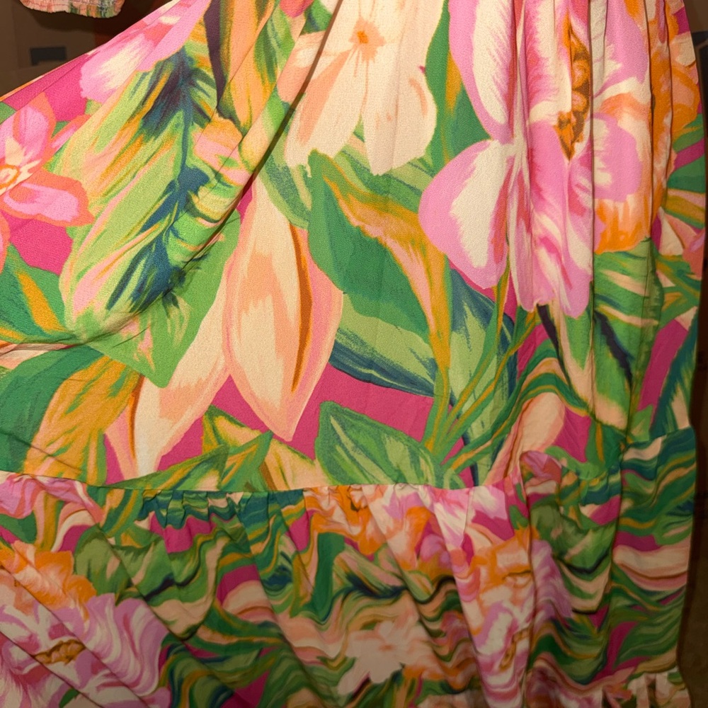 Floral Maxi Dress in Tropical Pink, Yellow, and Green by Flying Tomato - Picture 3 of 3